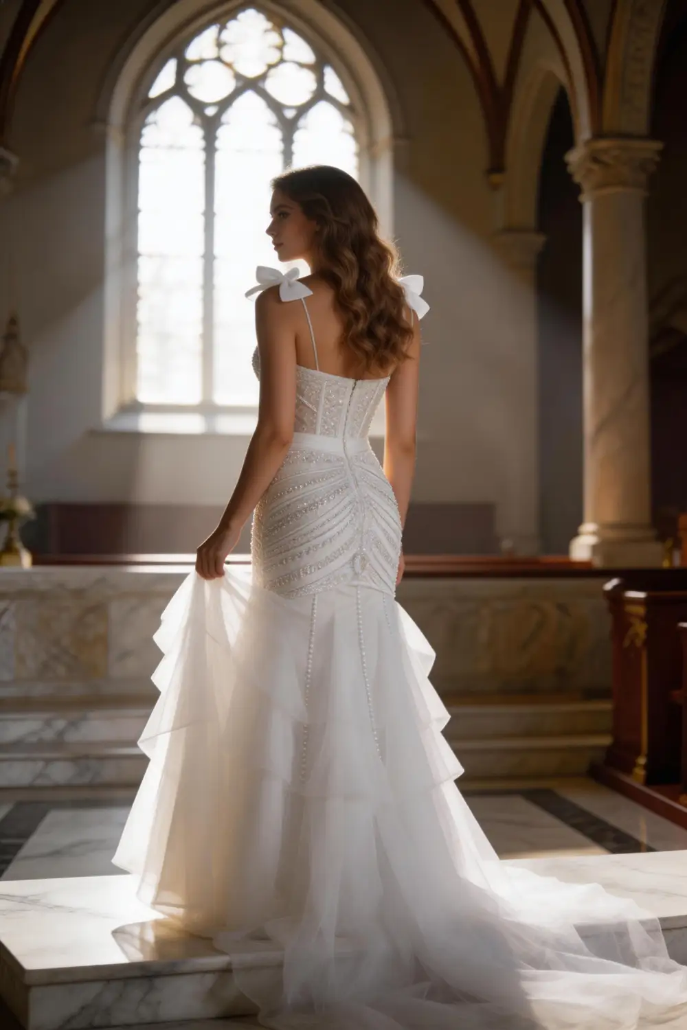 White Beaded Mermaid Wedding Dress, Deep V Neck Ruffle Bridal Gown by tangjianjun