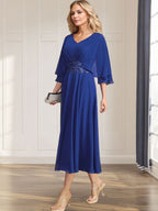A-line V-Neck Tea-Length Chiffon Mother of the Bride Dress With Pleated Sequins Appliques Lace Beadind