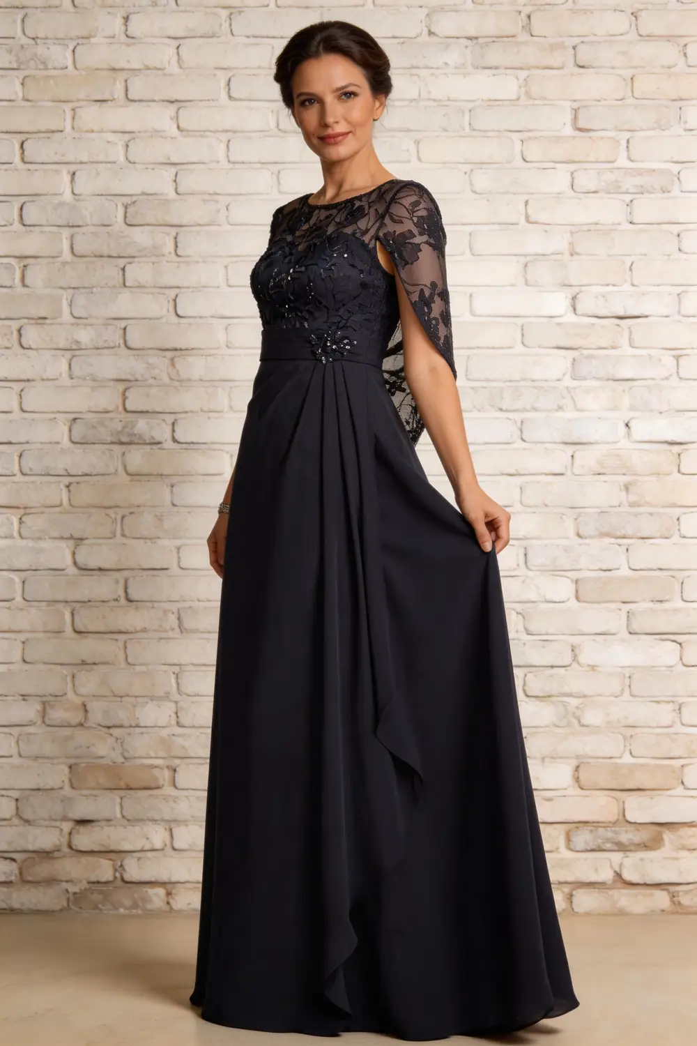 Dark Navy Lace Cape Sleeve Chiffon A-Line Mother of the Bride Formal Gown by tangjianjun