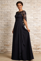 Dark Navy Lace Cape Sleeve Chiffon A-Line Mother of the Bride Formal Gown by tangjianjun