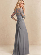 A-line Scoop Illusion Floor-Length Chiffon Lace Mother of the Bride Dress With Beading Sequins Cascading Ruffles