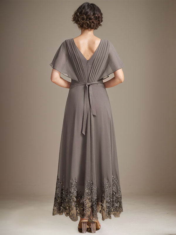 A-line V-Neck Asymmetrical Lace Chiffon Mother of the Bride Dress With Pleated