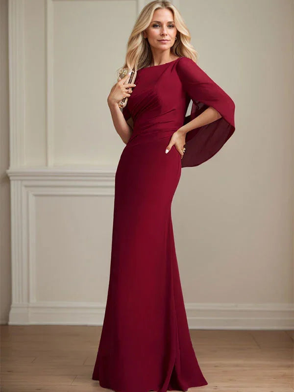 Vestido de madrina de novia de gasa con cuello barco estilo trompeta/cola de sirena y largo hasta el suelo con pliegues