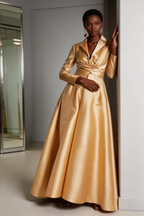 Champagne Satin Lapel Neck Wrap Waist A-Line Maxi Formal Evening Gown by tangjianjun