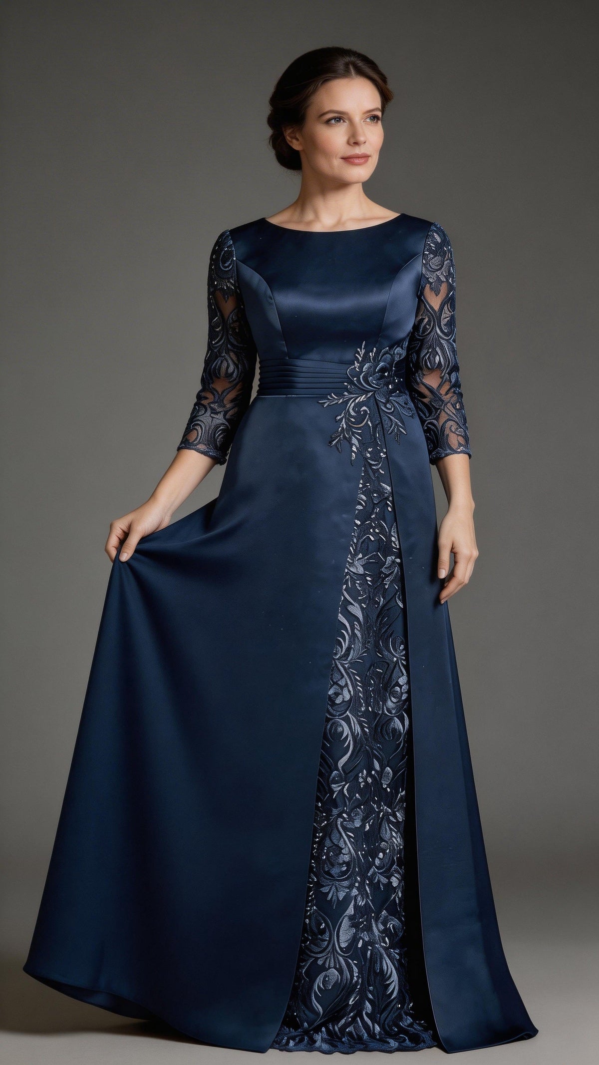 A-Line Scoop Floor-Length Lace Satin Mother Of the Bride Dress With Applique by Dreamylily