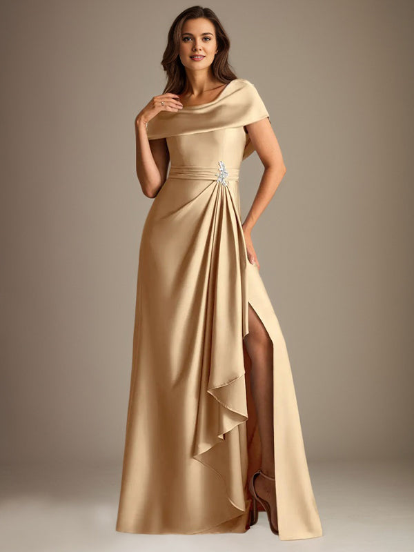 A-Line Scoop Floor-Length Stretch Satin Mother of the Bride Dress With Cascading Ruffles