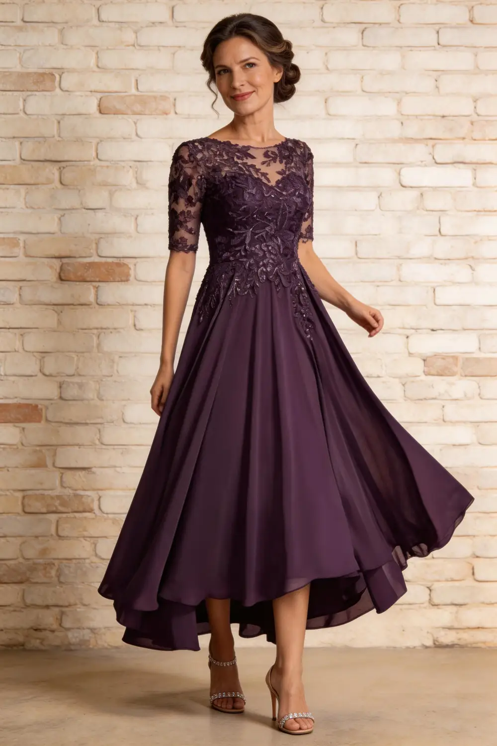 Elegant Plum Purple Lace Chiffon High-Low Mother of the Bride Dress by tangjianjun