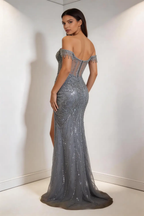 Luxury Grey Beaded Sheer Corset Evening Gown, Off Shoulder Formal Prom Dress by tangjianjun