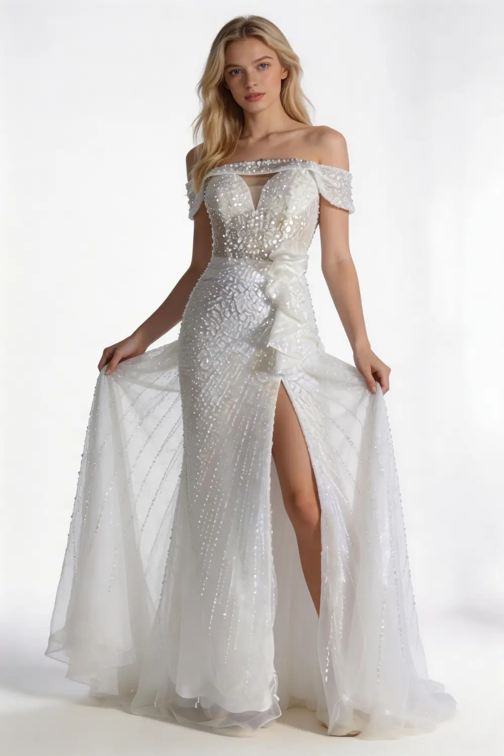 Off-the-Shoulder Sequin Mermaid Formal Gown with High Slit & Ruffle Detail by tangjianjun