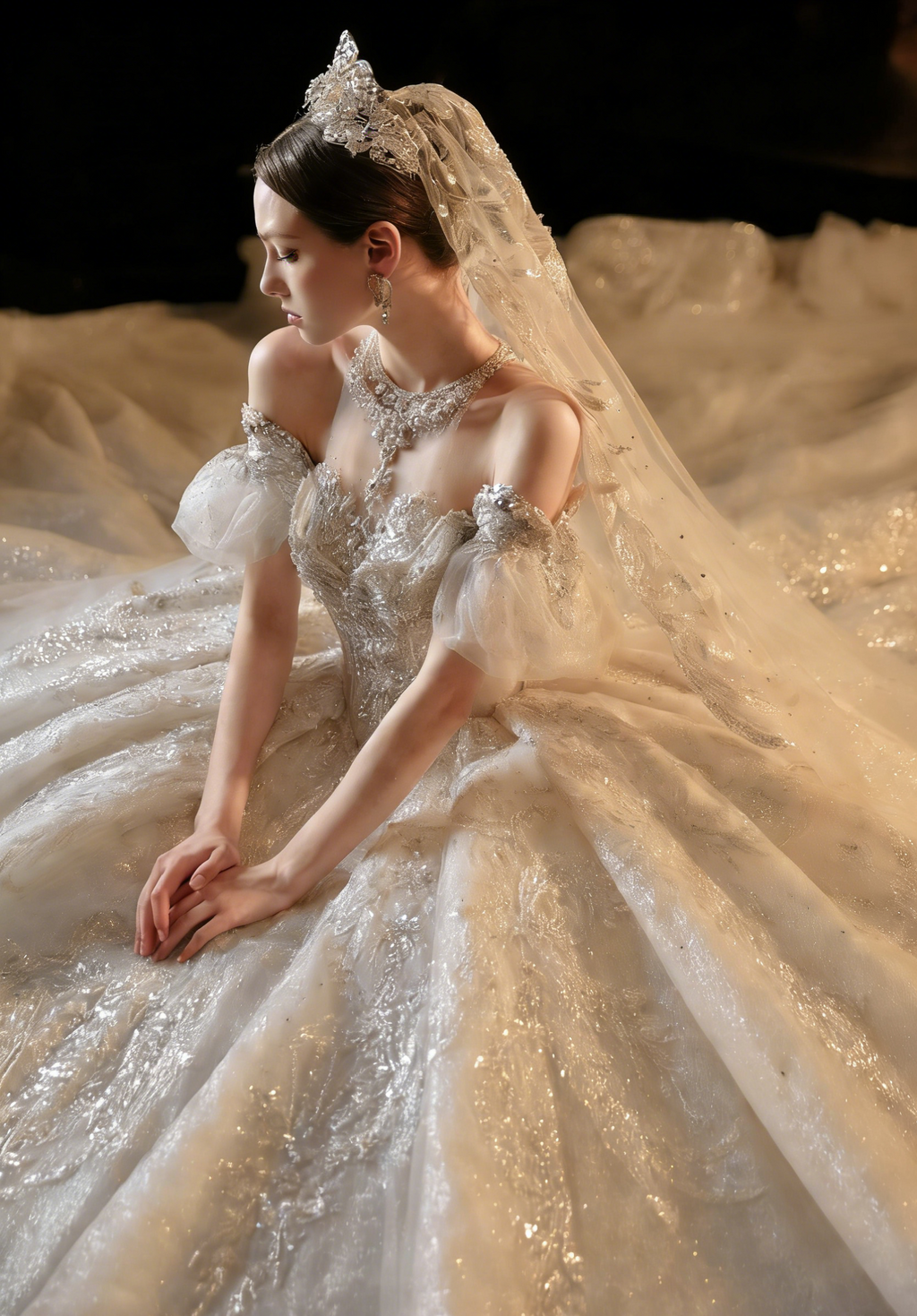 Abito da sposa Regale con scollo a barca, maniche a sbuffo e ricamo con perline, abito nuziale con strascico sovrapposto