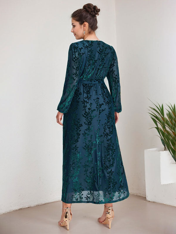 A-Line V-Neck Long Sleeves Velvet Tea-Length Mother of the Bride Dress With Split