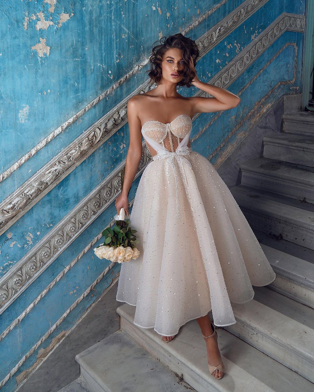 BMbridal Sequined Sweetheart Tea Length A Line Wedding Reception Dress Beaded