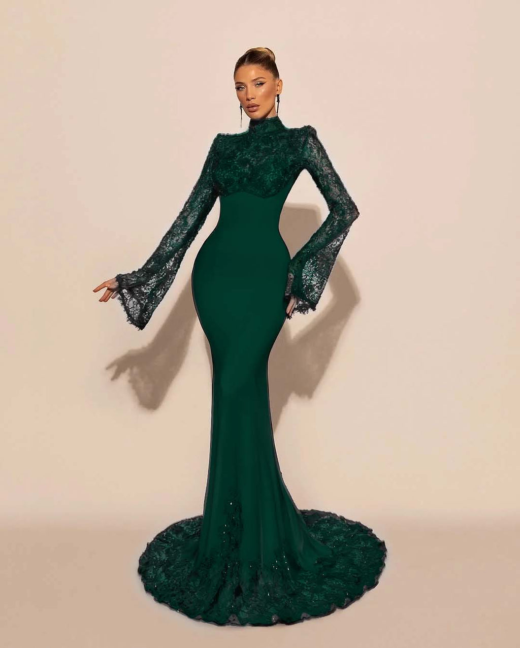 Custom High Neck Lace Mermaid Prom Dress With Pleated Long Sleeves