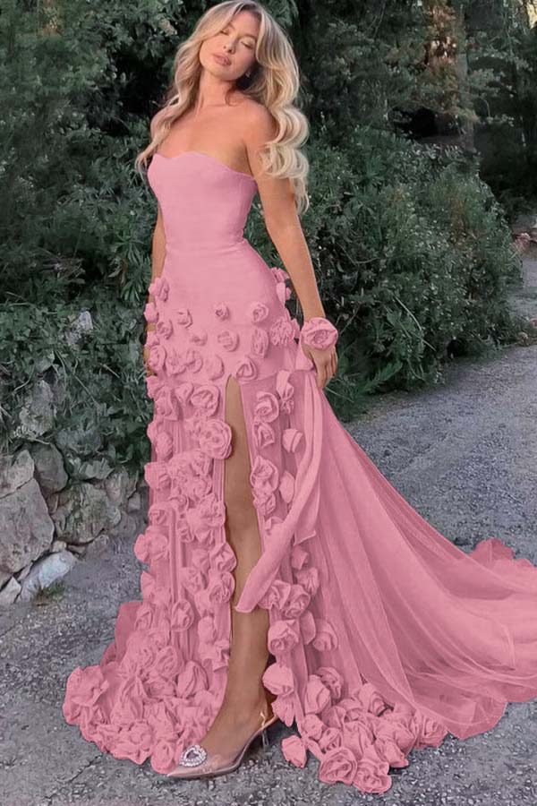 Strapless Long Mermaid Prom Dress With Split Appliques Custom Colors And Sizes