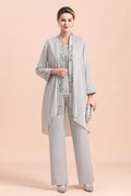 BMbridal Elegant Sleeveless Appliques Silver Chiffon Mother of Bride Jumpsuit with Wrap