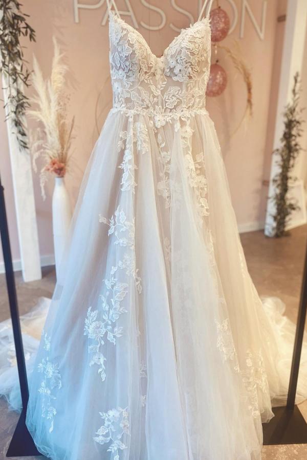 Spaghetti Straps Backless V Neck A Line Long Wedding Dress With Tulle