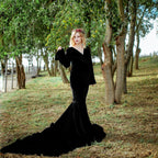 Robe longue en velours doré pour femme enceinte, col en V, traîne queue de poisson, robe de photographie