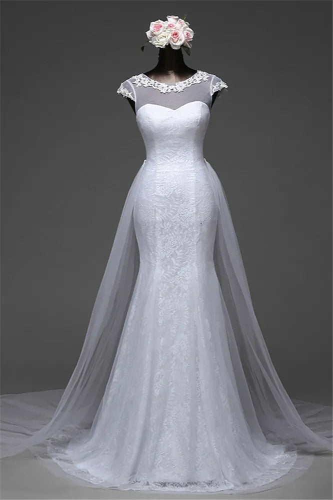 Beautiful Lace Long Mermaid Jewel Wedding Dress With Tulle Overskirt