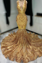 Robe de bal sans manches à épaules dénudées, paillettes or foncé avec appliques, col en V