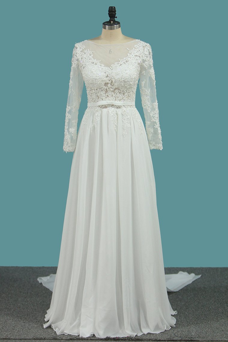 Elegant A Line Chiffon Floor Length Wedding Dress With Long Sleeves Ruffles