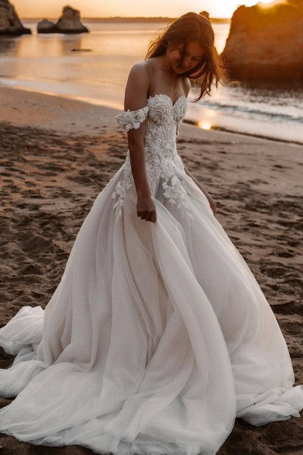 Glamorous Tulle Off The Shoulder Train Aline Wedding Dress With Lace Appliques