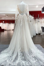 Ivory Long Sleeves A Line Lace Open Back Wedding Dress with Tulle Appliques