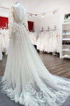 Ivory Long Sleeves A Line Lace Open Back Wedding Dress with Tulle Appliques