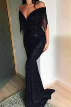 Black Sequins V Neck Tassels Mermaid Floor Length Prom Dress