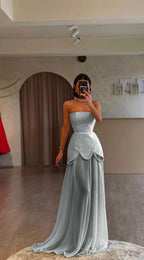 White Strapless Pleated Beaded Long Prom Dress With Custom Colors And Sizes