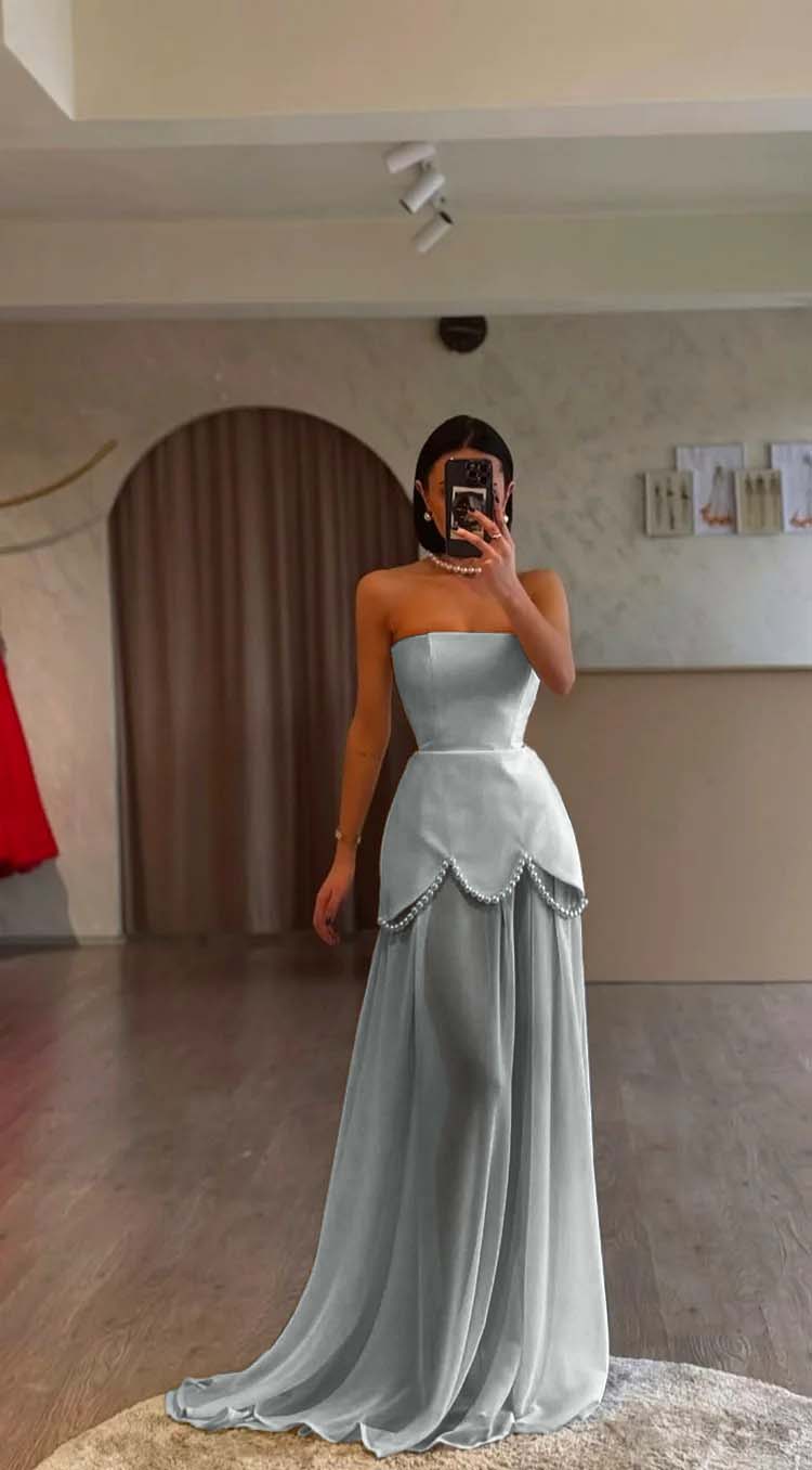 White Strapless Pleated Beaded Long Prom Dress With Custom Colors And Sizes