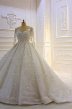 Luxury Ball Gown Bridal Dress With Lace Appliques Beading Long Sleeves Ruffles
