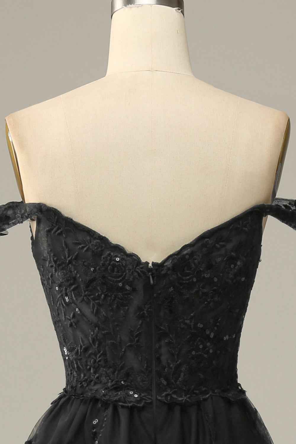 A Line Off the Shoulder Black Corset Prom Dress with Lace Ruffles
