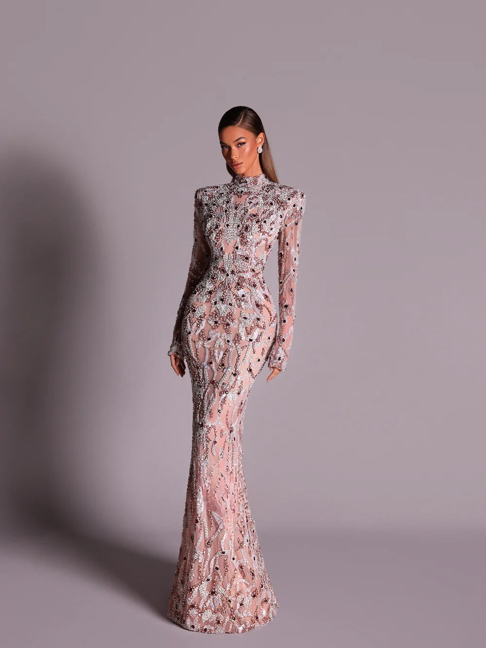 Sexy aberto volta frisado vestido de noite delicado alta pescoço manga comprida sereia chique vestido de cocktail com luxo beadwork personalizado