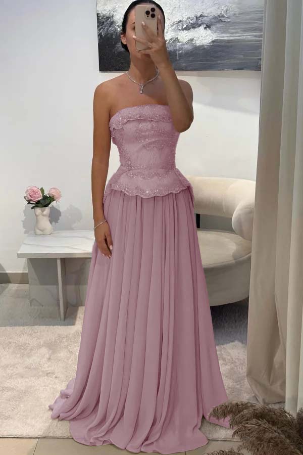 Chic Strapless Sleeveless Long Pleated Beaded Custom Prom Dress