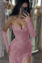 Sequin Strapless Long Mermaid Prom Dress With Split Detachable Sleeves