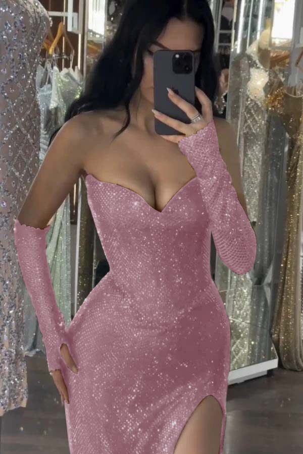 Sequin Strapless Long Mermaid Prom Dress With Split Detachable Sleeves