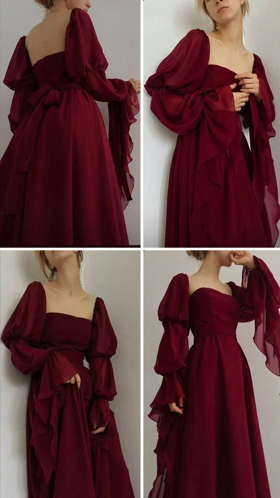 Vestido de Baile Vintage Romântico em Linha A Borgonha Vestido de Noite Y7583