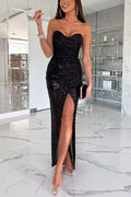 Abito Midi Sdraietto con Spalle Scoperte, Paillettes, Drappeggi e Spacco