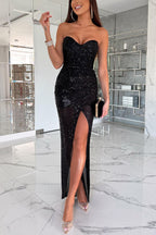 Abito Midi Sdraietto con Spalle Scoperte, Paillettes, Drappeggi e Spacco