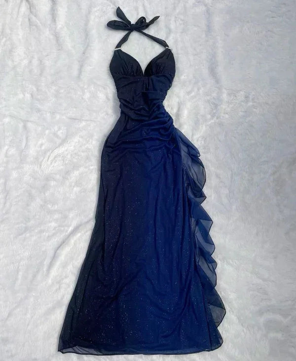 Robe longue de bal en mousseline bleu marine dégradé à col en V et dos nu, robe de soirée pour fête Y7486