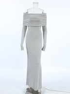 Vestidos de Noite Maxi Decote Ombro a Fora Manga Comprida Justos Pregueados Cor Liso Articulação Dividida