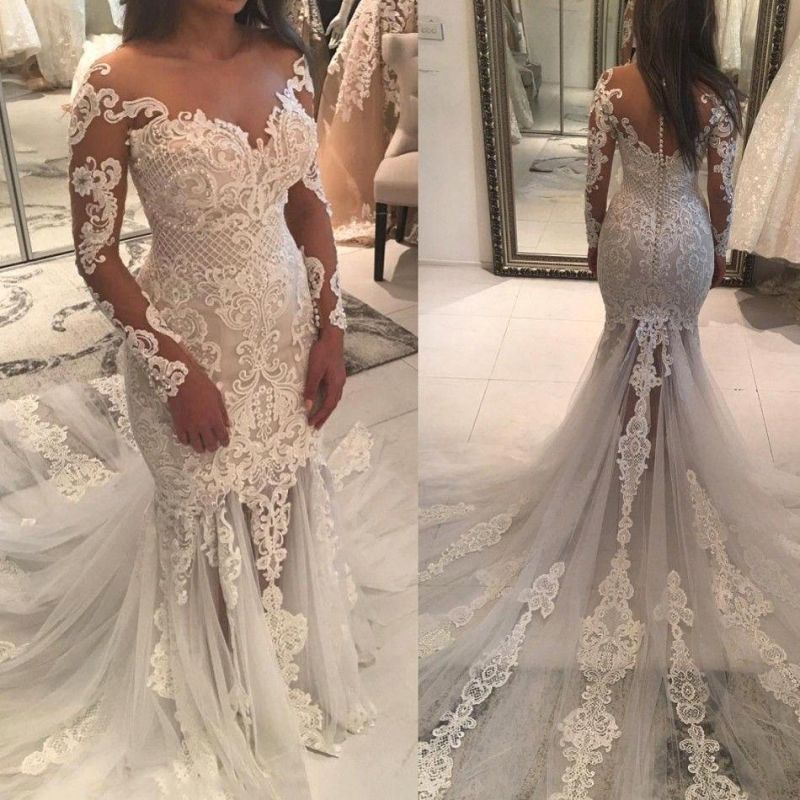Off The Shoulder Mermaid Wedding Dress With Long Sleeves Beaded Lace Appliques