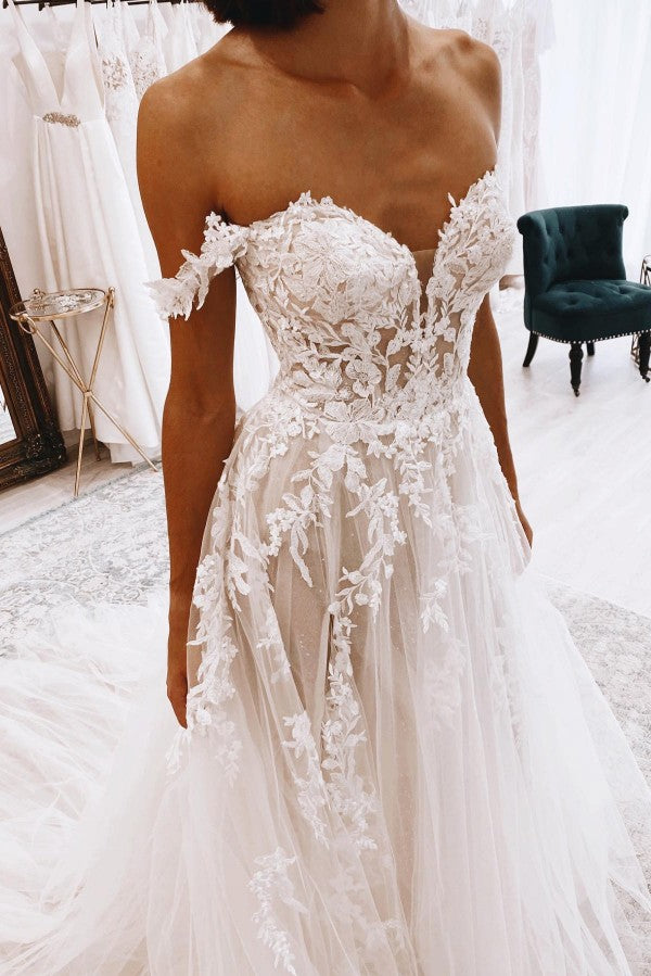 Champagne Tulle Off Shoulder Wedding Dress With Appliques A Line Chapel Train