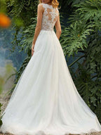 Tulle Sleeveless Lace Bridal Wedding Dress Long Gown for Modern Brides