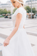 White Cap Sleeve A Line V Neck Lace Chiffon Wedding Dress