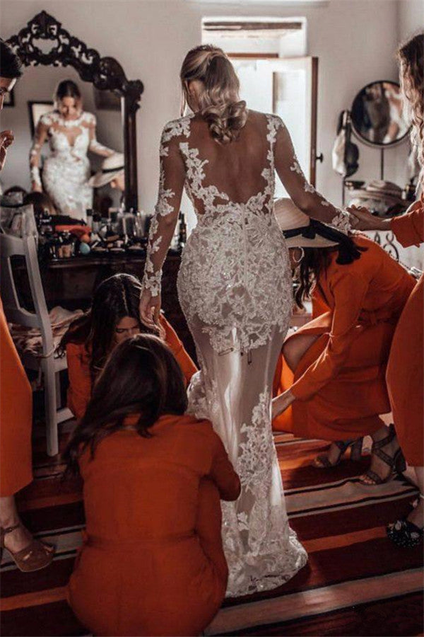 Mermaid Lace Long Sleeves Wedding Dress Elegant Bridal Gown