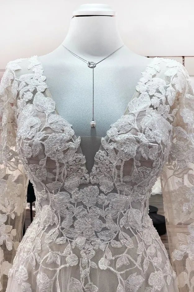 Ivory Long Sleeves A Line Lace Open Back Wedding Dress with Tulle Appliques