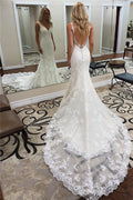 V Neck Backless Mermaid Wedding Dress With Straps And Train Appliques
