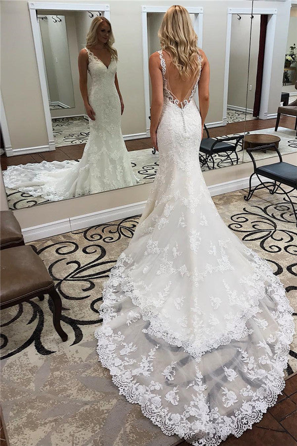V Neck Backless Mermaid Wedding Dress With Straps And Train Appliques