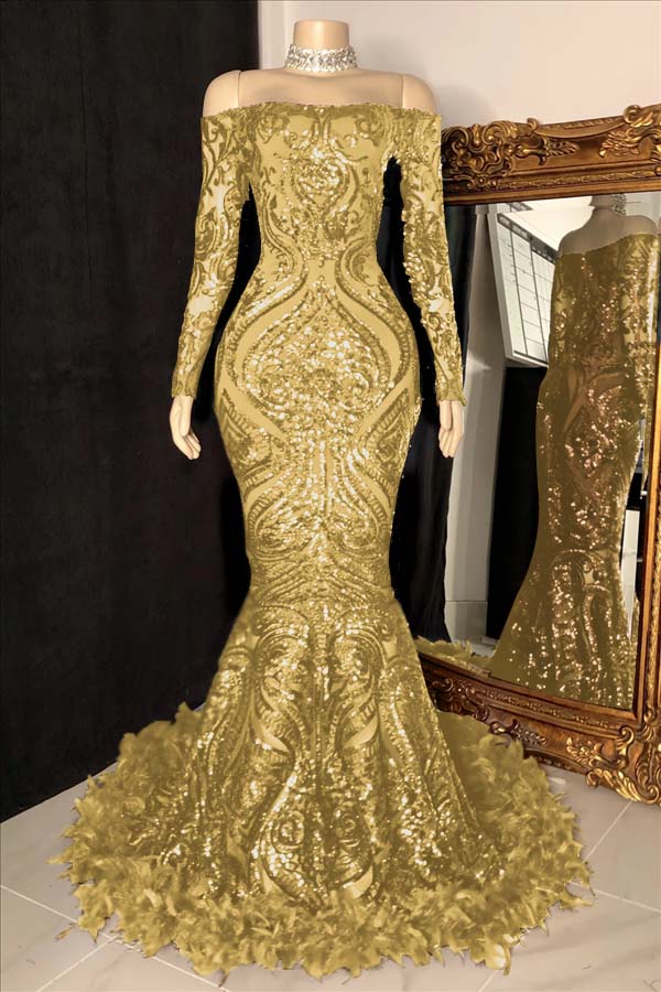 Custom Made Burgundy Sequin Mermaid Prom Dress With Long Sleeves And Feathers